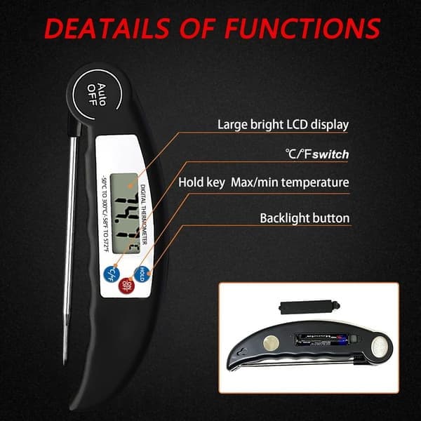 Kjøkkentermometer, digitalt kjøtttermometer, 3s raskt koketermometer med sammenleggbar lang sonde, vanntemometer (27*4*2.3cm)