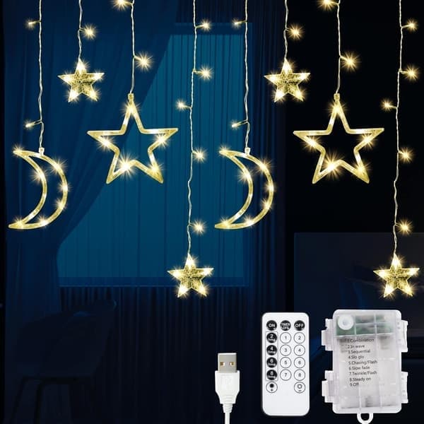 Gardiner med batteridrevne stjerner og måner - Julevinduslys | Fairy Lights med 8 lysmoduser og minnefunksjon