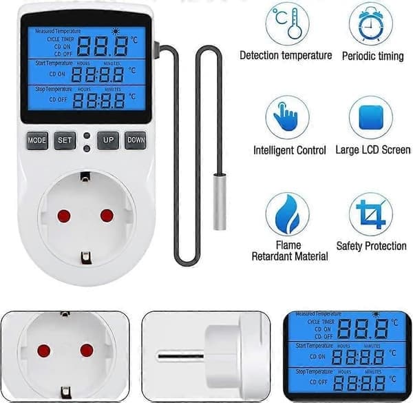 Digital termostatstik, 230V temperaturregulator med sensor, LCD-display temperaturafbryder, varme- og køletermostatstik