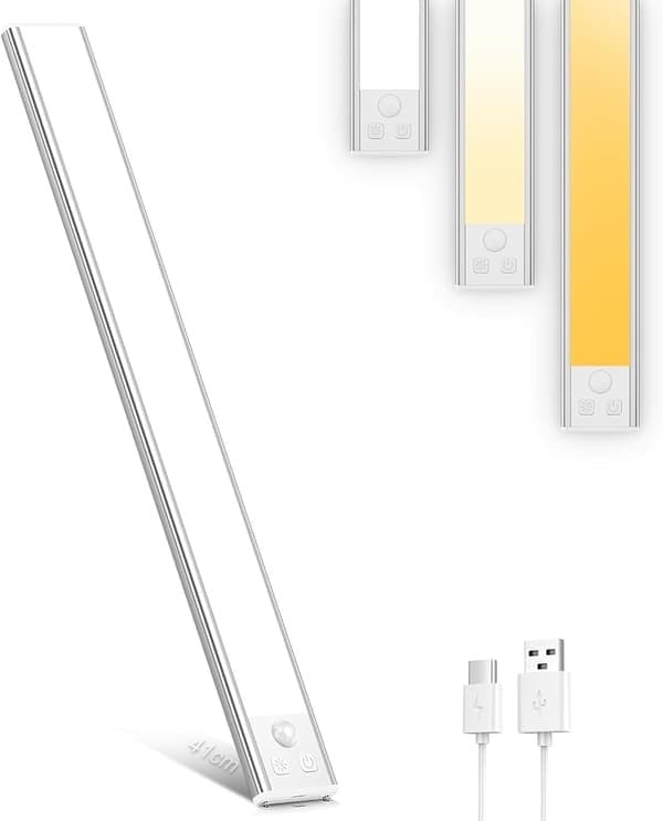 Köksbelysning under skåp, 3 färger dimbar 32 LED rörelsesensor inomhusbelysning, 1000mAh USB-C uppladdningsbar (50cm - 1-pack)