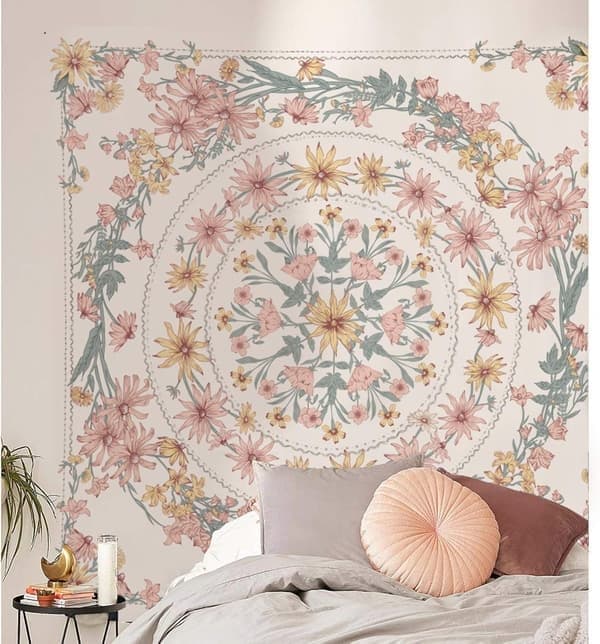 Mandala blomstermedaljongteppe, skissert blomster boho veggteppe, bohemske hippie-tepper