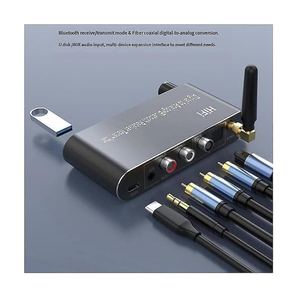 Bluetooth 5.1 mottaker sender lydkonverterer U-disk avspilling koaksial/optisk til 3,5 mm Aux R/L DAC-konverterer for TV MP3