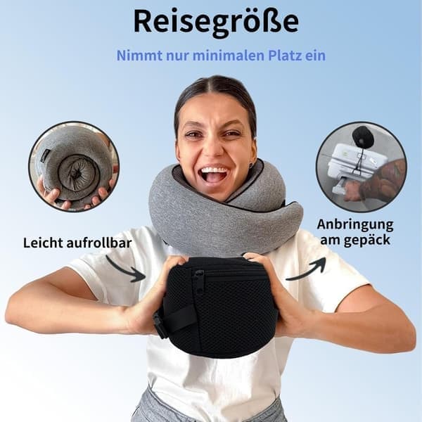 Rejsepude, nakkepude, flystøtte til nakken - 100% bomuld, perfekt til bilture, grå.
