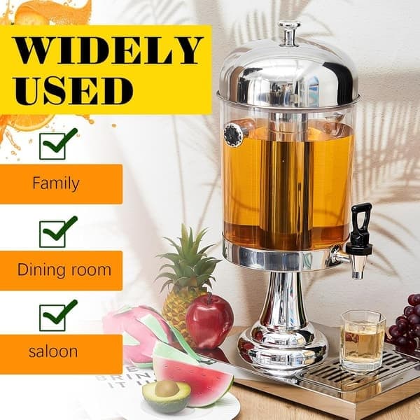PC 7,6 liters drikkedispenser med isbeholder og dryppebrett, kald drikkedispenser i rustfritt stål