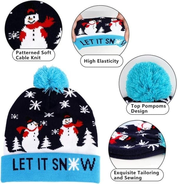 LED Tomteluva, Lysande Tomteluva, Unisex Stickad Mössa, Partyhatt, Snögubbe Mönster, Lämplig för Fester Jul Stickad Mössa (Blå)