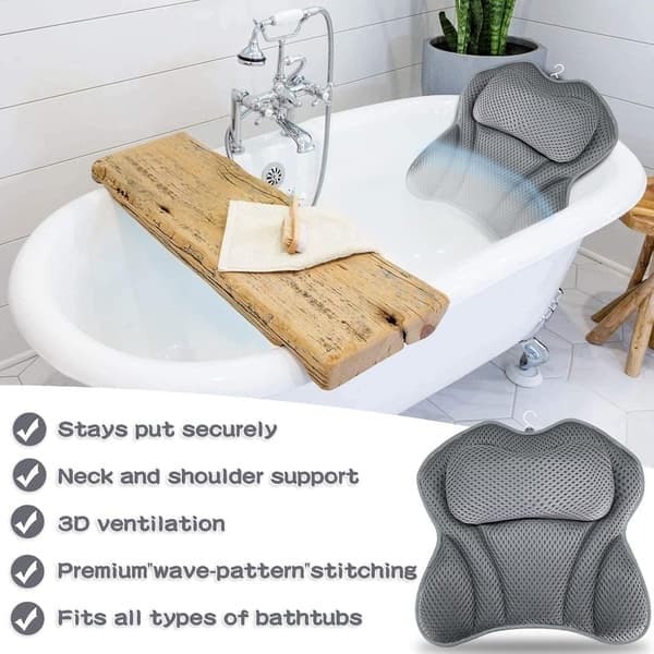 Badkudde, 4D badkarskudde med 6 halkfria och kraftfulla sugkoppar för spakudde, jacuzzi, bubbelpool, (grå)
