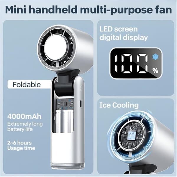 Bærbar ventilator med iskøler, 100-trins foldbar bærbar ventilator med LED-display, 4000mAh batteri, USB genopladelig, til rejser, udendørs, camping