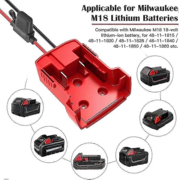Strømhjulsadapter til Milwaukee M18 Batteri 18V Konverter med Sikringer og Ledningsterminaler 2-pak