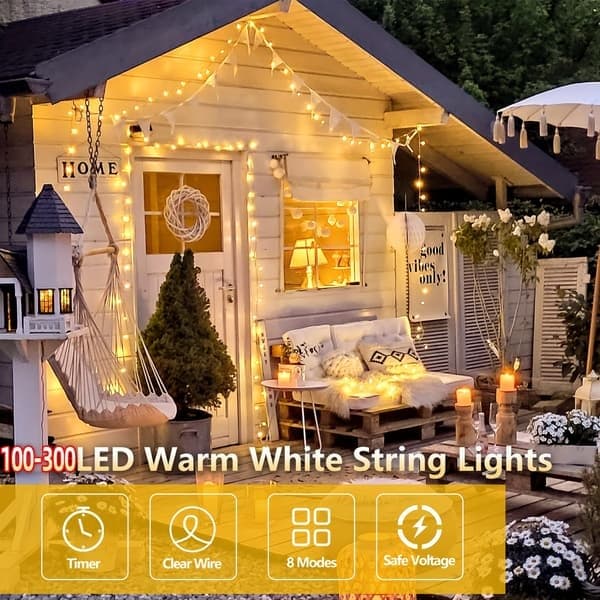 300 LED Plug-in Fairy String Lights, 8 Modes Timer Memory Function, Varm Hvit for Innendørs Utendørs Juletre Halloween Festdekorasjoner