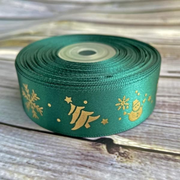 Julesatinbånd Bånd Trykt Med Gyldent Juletræ