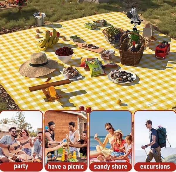 200x200 cm picnictæppe, foldbart med håndtag, perfekt til haven, grill og stranden. Gul.