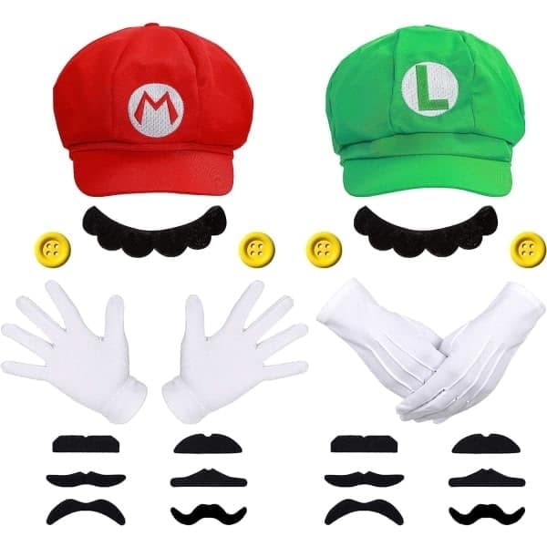 Super Mario Bros Mario og Luigi Hatter Caps Bart Hansker Knapper Cosplay Kostyme