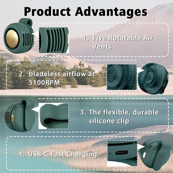 Bærbar Clip Køleventilator USB Genopladelig Mini Clip Ventilator Hals Talje Ventilator Justerbar Aircondition Ventilator Green