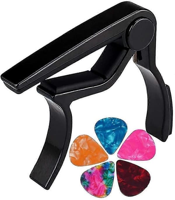 Capo, gitarcapo, med 5-pakning plekter, gitarcapoer, for akustisk gitar, elektrisk gitar