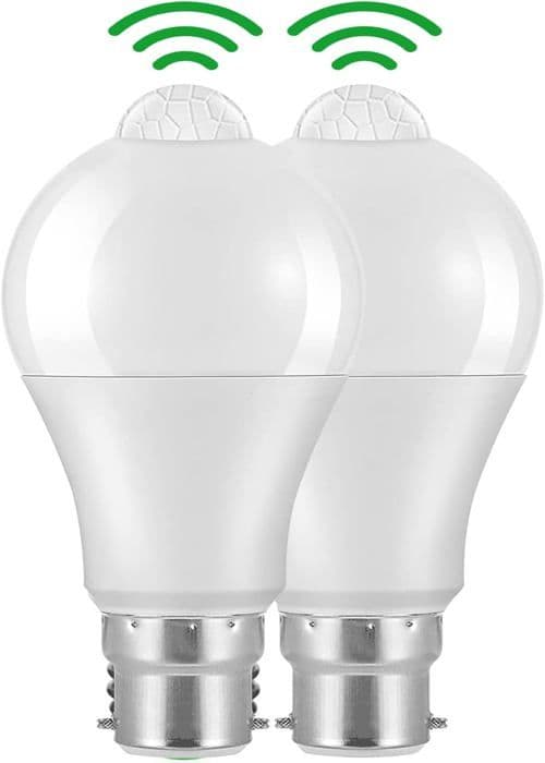 B22 Bajonett LED Rörelsesensorlampa, 12W, 1020lm, Kallvit 5700K, IP42 Vattentät, Ej Dimbar (2 stycken)