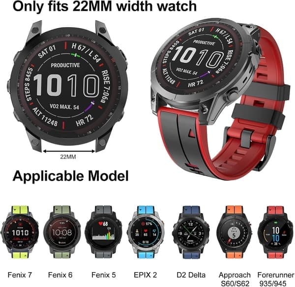 Rem til Garmin Fenix 7/Fenix 6/Fenix 5/EPIX 2, Quick Fit 22mm silikone urrem til Approach S60/S62, D2 Delta, Forerunner 935/945