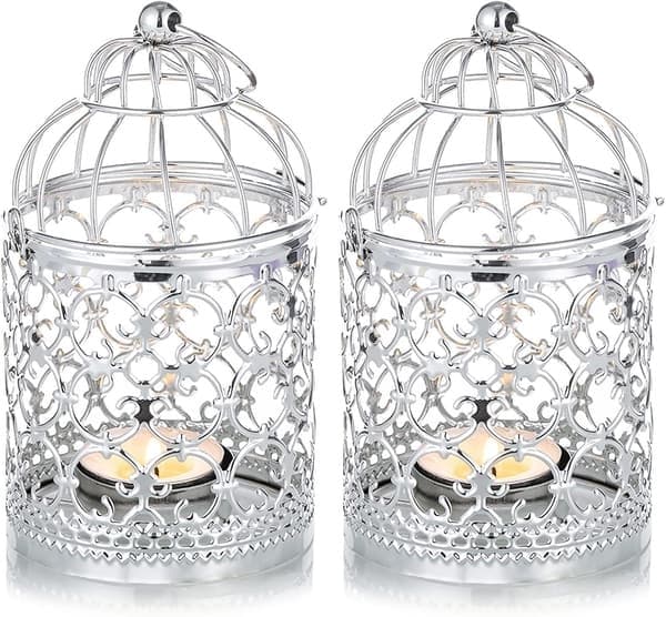 Dekorative metallfuglebur-lyslykter med hult dekor, jernfuglebur, julelyslykt silver