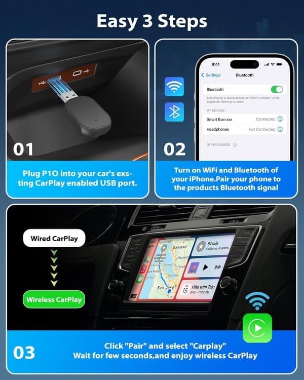 Langaton CarPlay-sovitin 2025 päivitetty, Plug & Play, langaton sovitin Apple CarPlaylle, autot vuodesta 2016 ja iPhone iOS 12+