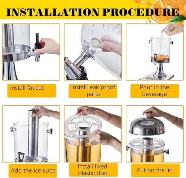 PC 7,6 liters drikkedispenser med isbeholder og dryppebrett, kald drikkedispenser i rustfritt stål