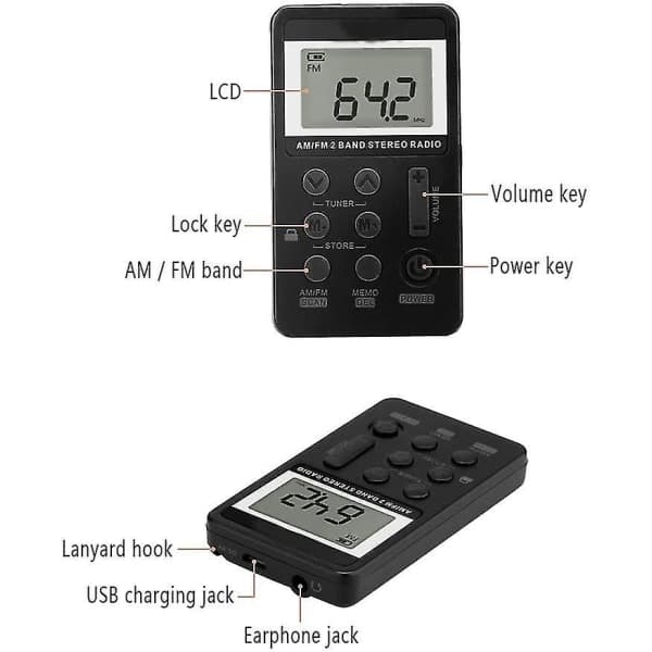 Fickradio FM & AM Radio USB-laddning, Svart