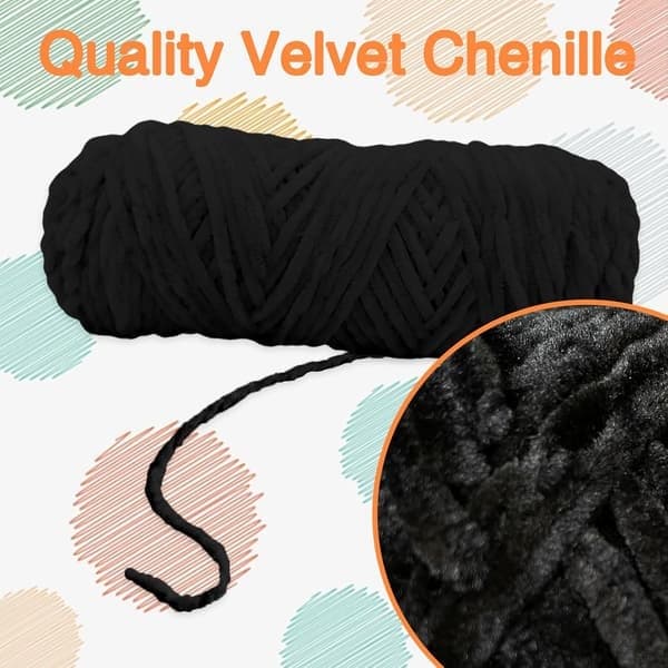 Chenillegarn, Chenillegarn til hekling, 3 ruller garnnøster for DIY strikking og hekling, håndverk Black