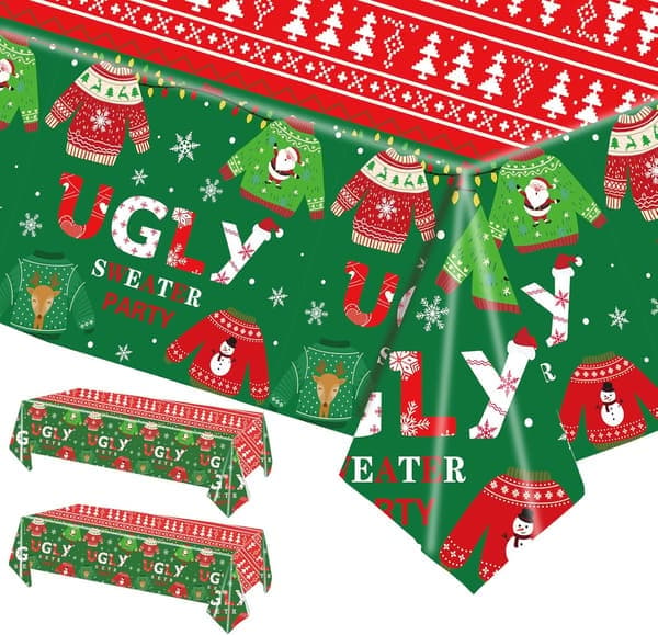 Juleduk, 2 stk, 137 x 274 cm, stor rød rektangulær duk til jul, stygg genser, middag, god jul