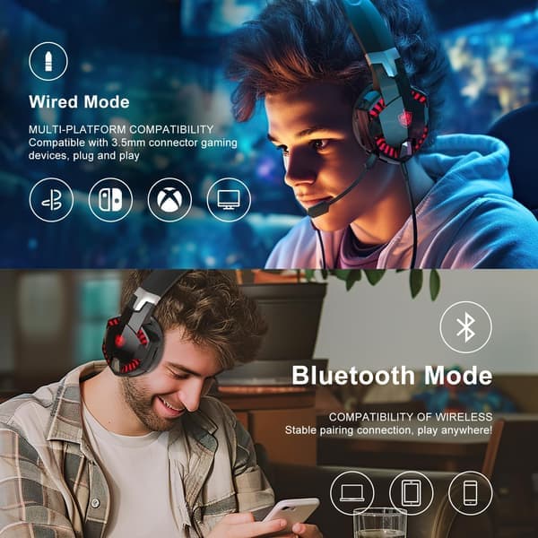 PS4 Gaming Headset for PS5, PC, Switch, G2000 Pro Bluetooth Trådløse Øreklokker for Telefon, Laptop, med Avtakbar Støyreduserende Mikrofon, Ste Red
