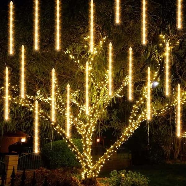 Vanntette julemeteorregn for utendørs bruk, plug-in, snøfnuggregn, istapp, julelys, varmhvit