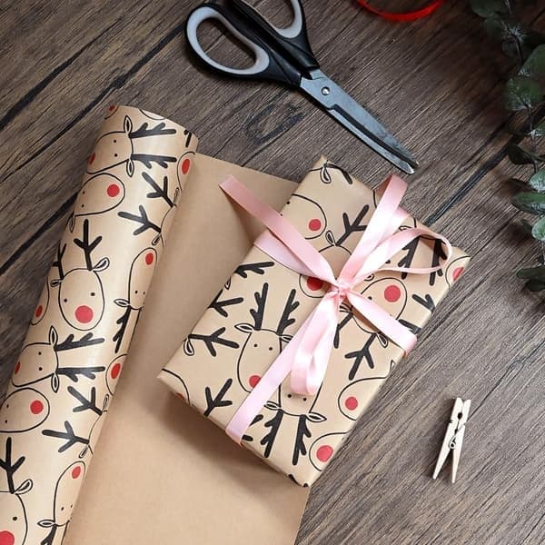 43cm*9m 3 rullar julklappspapper, återvinningsbar brun presentpappersrulle med älg för julfester, födelsedagar, presentdekoration