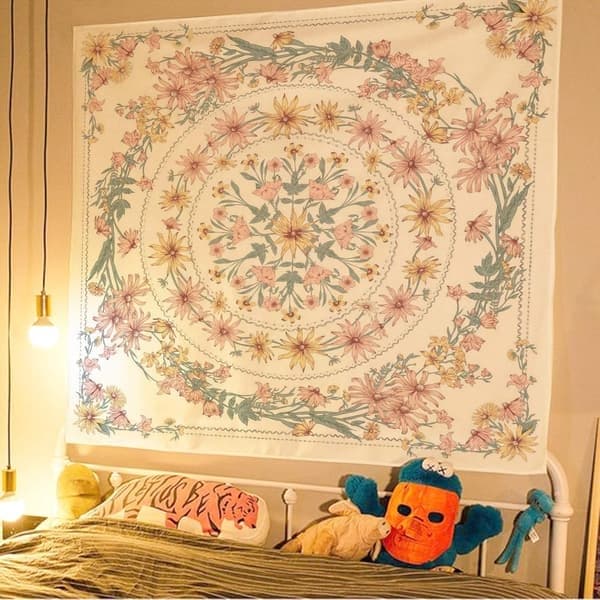 Mandala blomstermedaljongteppe, skissert blomster boho veggteppe, bohemske hippie-tepper