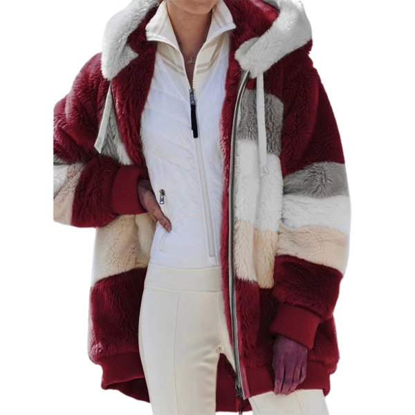 Damjacka Vinter varm huvtröja Colorblock Plyschjacka Wine Red Wine Red 4xl