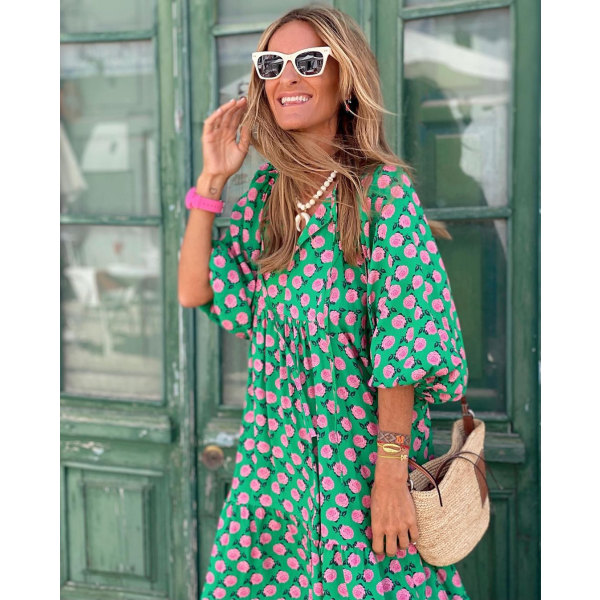 Geometrisk printed bubbelärmsklänning för kvinnor i stor storlek green green 5xl