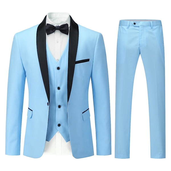 Herr 3Pce Business Slim Fit Kostym Bröllopsfest Blazer Vest Byxor Light Blue XS