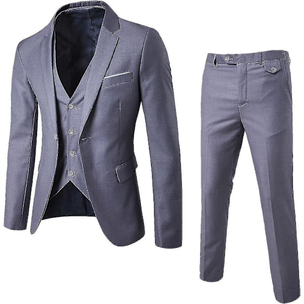 Herr 3-delad Slim Fit Kostym Set Enknapps Solid Jacka Väst Byxor Business Set-yky Grey M