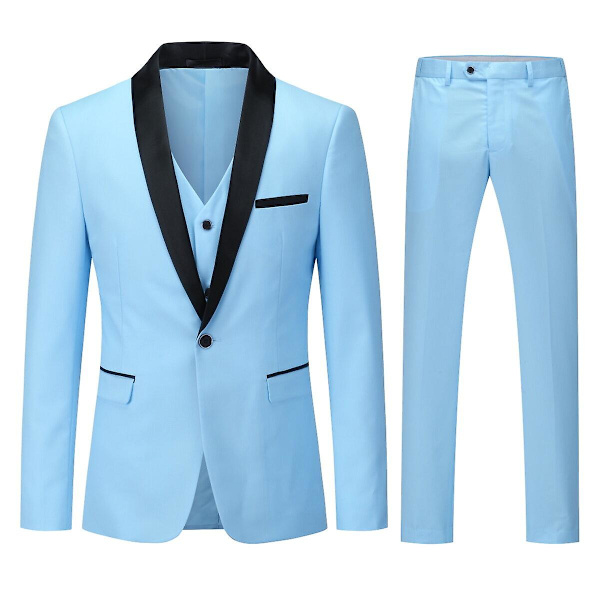 Herr 3Pce Business Slim Fit Kostym Bröllopsfest Blazer Vest Byxor Light Blue XS