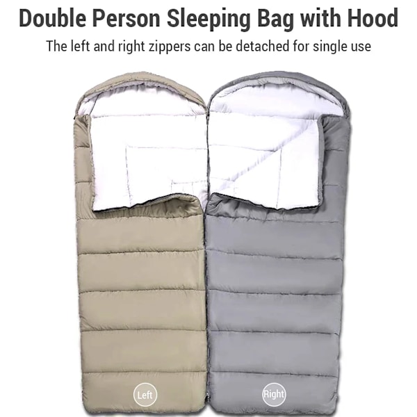 Dubbla sovsäckar för vuxna för kallt väder 12°C- -18°C köldtåliga med huva anti-stänk för camping Khaki 1.8KG