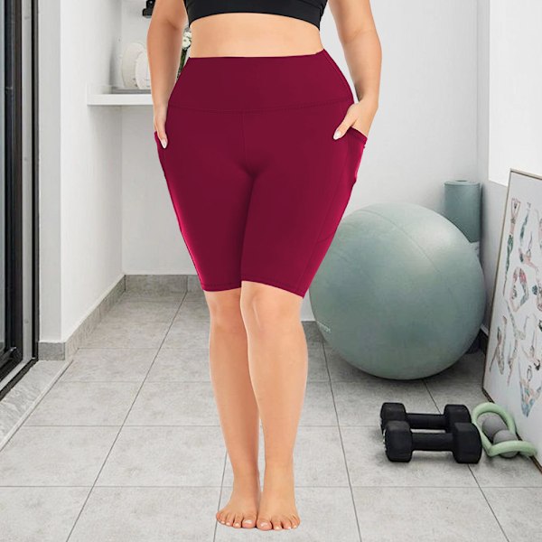 Joogashortsit, Iso koko, L-5XL, naisten shortsit, sivutaskut puhelintaskulla, korkea vyötärö, joogafitness, treenihousut, alaosa Wine 5XL