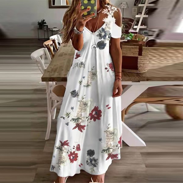 Dame Sommer Kortærmet Lang Kjole Hæklede Maxikjoler Sort Hvid Tie Dye 3XL Rød Blomst Red Flower XL