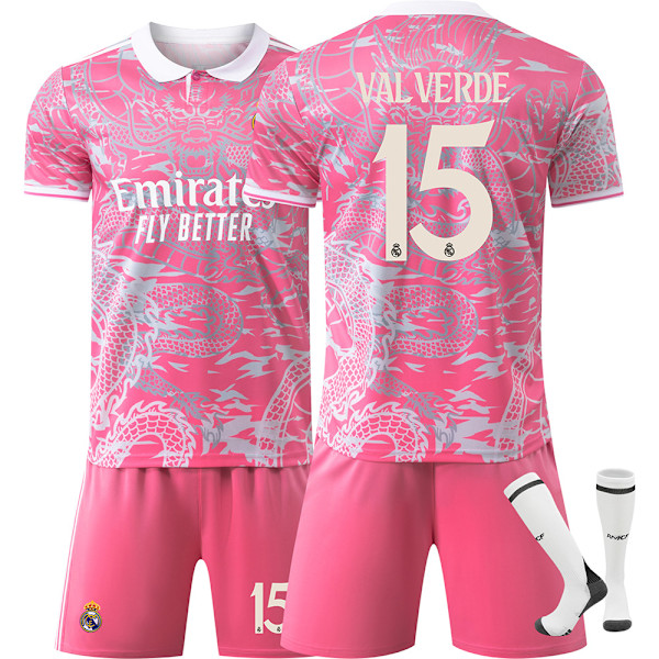 2526 Real Madrid Drakmönstrad fotbollströja, Ronaldo klassisk nr 7 rosa modell och andra stjärnor är chockade NO.15 VALVERDE xs
