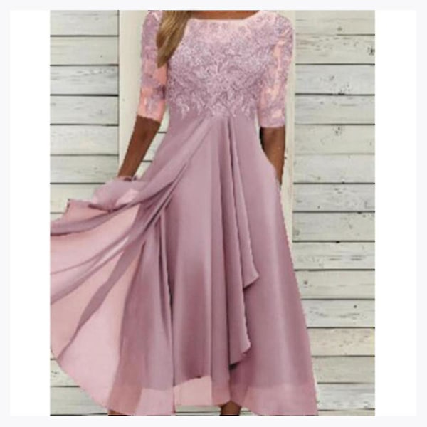 Kjole med blondeapplikasjoner, midi, kort erme, aftenkjoler, avslappet, passer til alt, kjole for bryllup Pink XXL