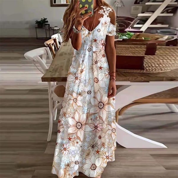 Dame Sommer Kortærmet Lang Kjole Hæklede Maxikjoler Sort Hvid Tie Dye 3XL Solsikke Sun Flower S