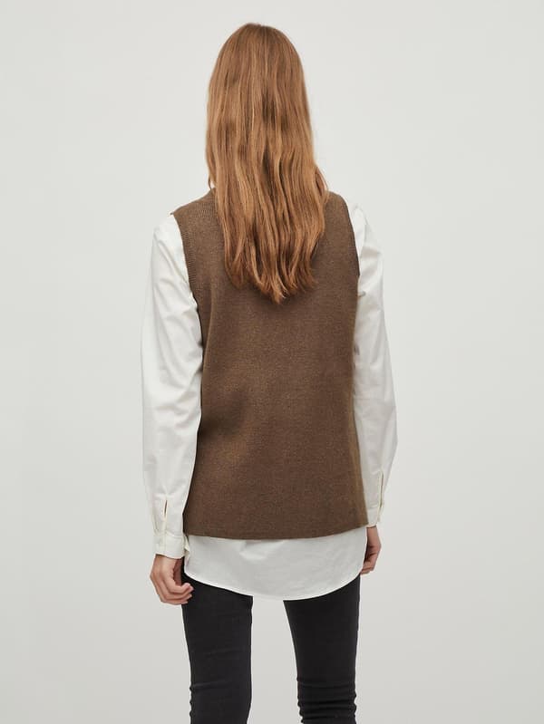 VILA Strikket Slipover-vest til kvinder V-hals Basic ærmeløs sweater VIRIL NYHED Brown-3 Brown-3 L