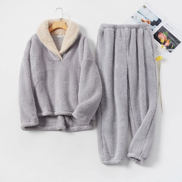 HAUFR Dam Fluffy Pyjamas Set Pullover Byxor Vinter Varm Casual Fuzzy Plush Loungewear Sovkläder - Perfet Grey Grey Small
