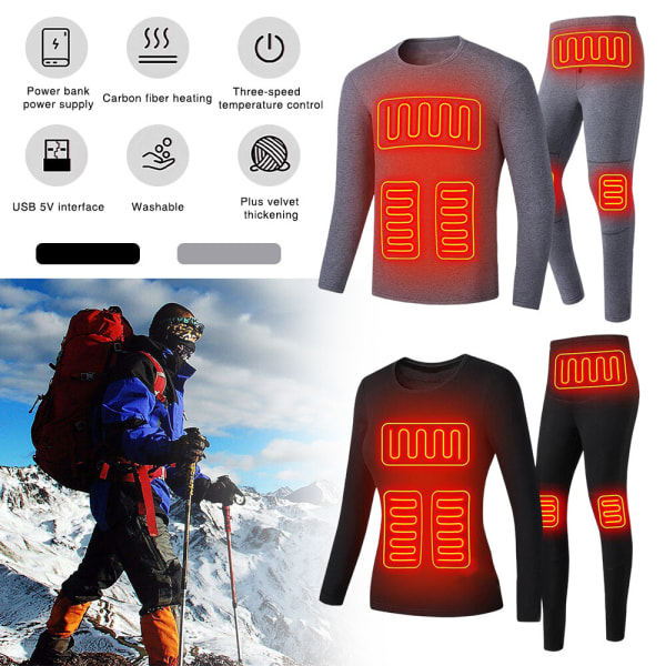 USB Eluppvärmda Underkläder Thermal Pyjamas Long Johns Set Herrkläder-Grå Herrkläder-Grå 4XL