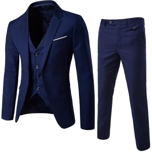 Miesten 3-osainen Slim Fit Pukusetti Yksi Nappi Yksivärinen Takki Liivi Housut Business-setti-yky Navy blue XL