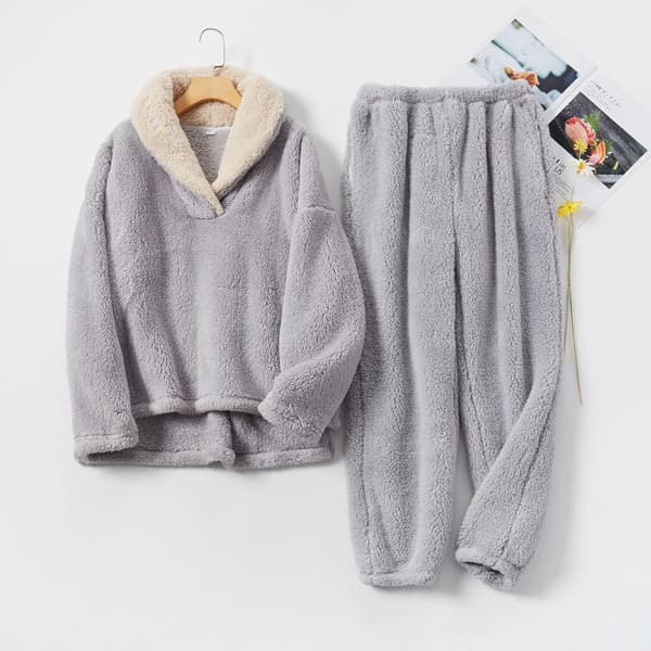 HAUFR Dame Fluffy Pyjamas Sett Pullover Bukser Vinter Varm Casual Fuzzy Plush Loungewear Nattøy - Perfet Grey Grey Medium