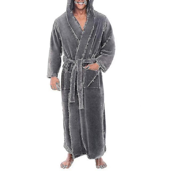 Herre Fleece Hætte Lang Blød Badekåbe Grey M
