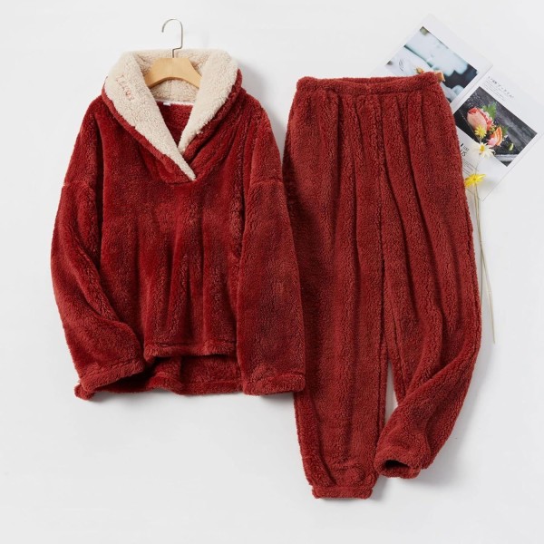 HAUFR Dam Fluffy Pyjamas Set Pullover Byxor Vinter Varm Casual Fuzzy Plush Loungewear Sovkläder - Perfet Red Red Small