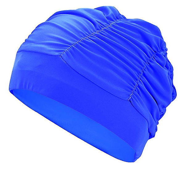 Badehætter til kvinder, svømning, nylonstof, plisseret badehætte til langt hår, stor, højelastisk badehætte, svømmehatte Blue