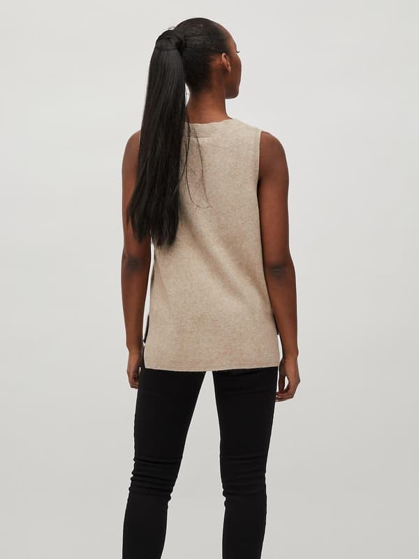 VILA Stickad Slipover-väst för kvinnor V-ringad tröja Basic utan ärmar VIRIL NYHET Beige Beige XS